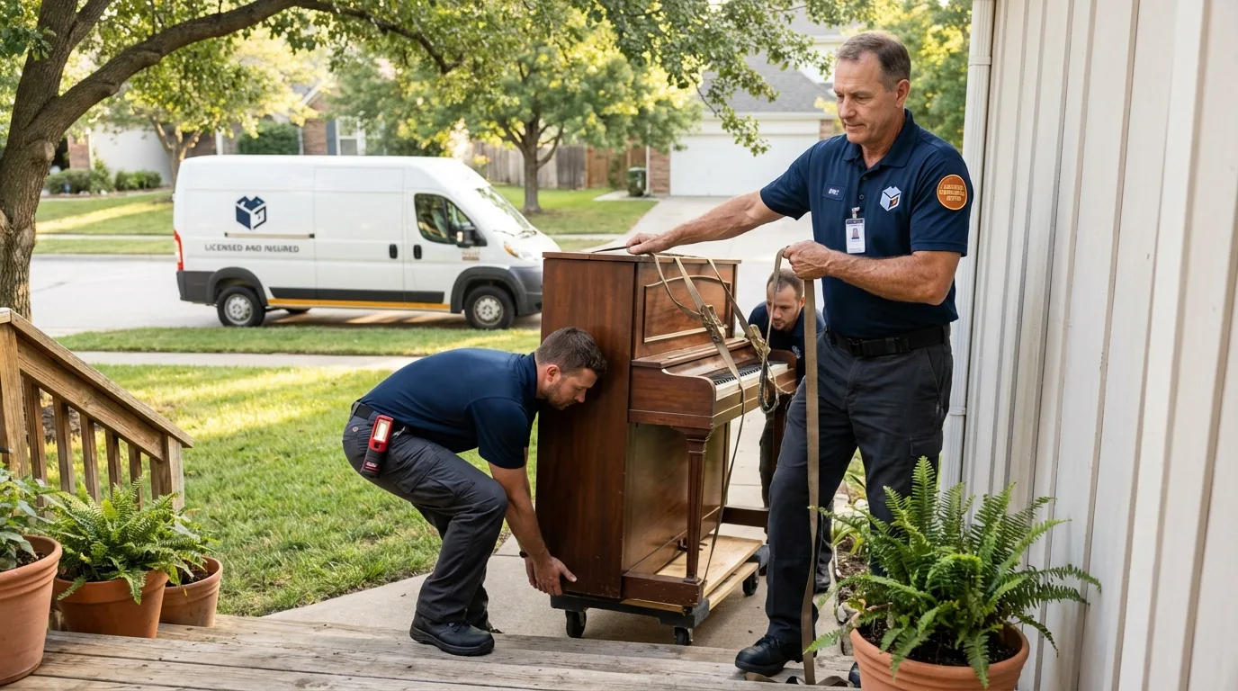 Licensed piano movers securing grand piano in Kissee Mills, MO