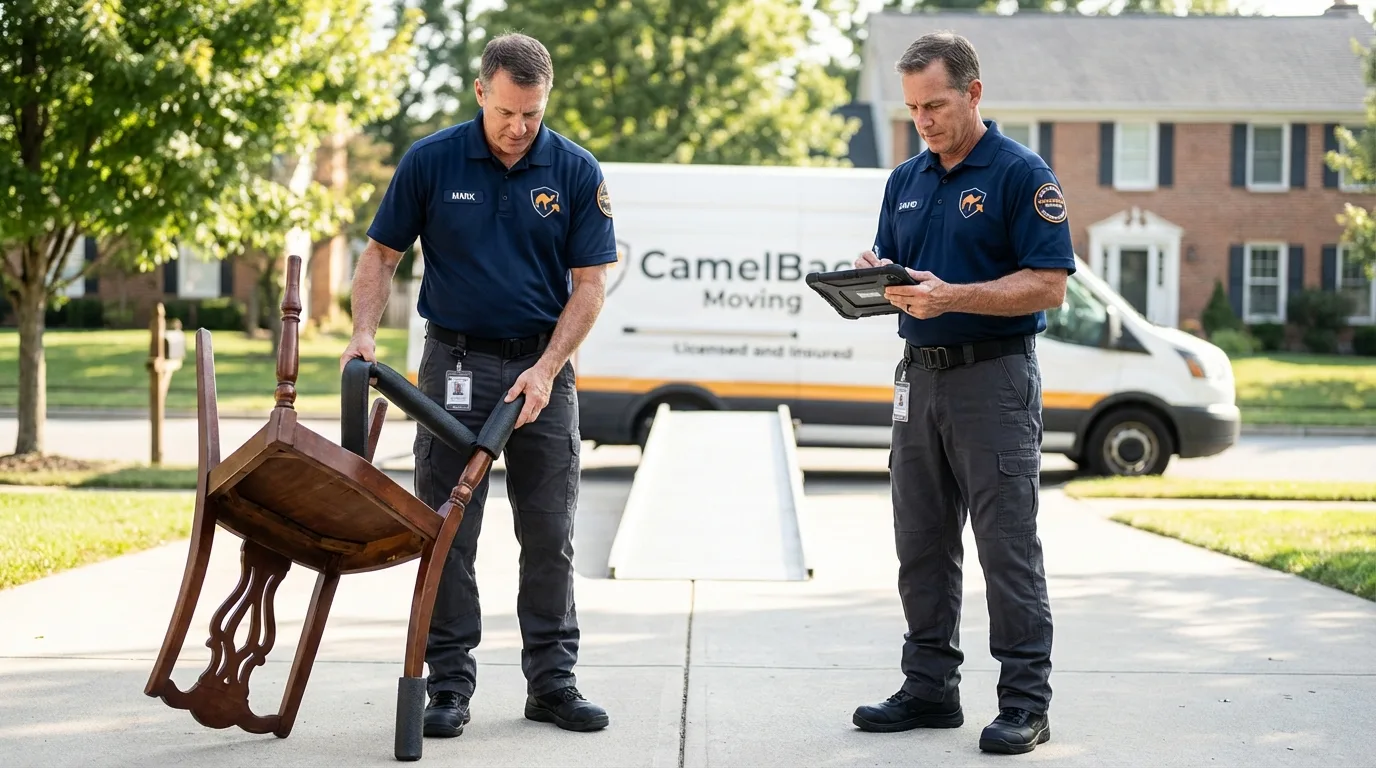Movers inspecting furniture for damage prevention before loading in Kissee Mills, MO