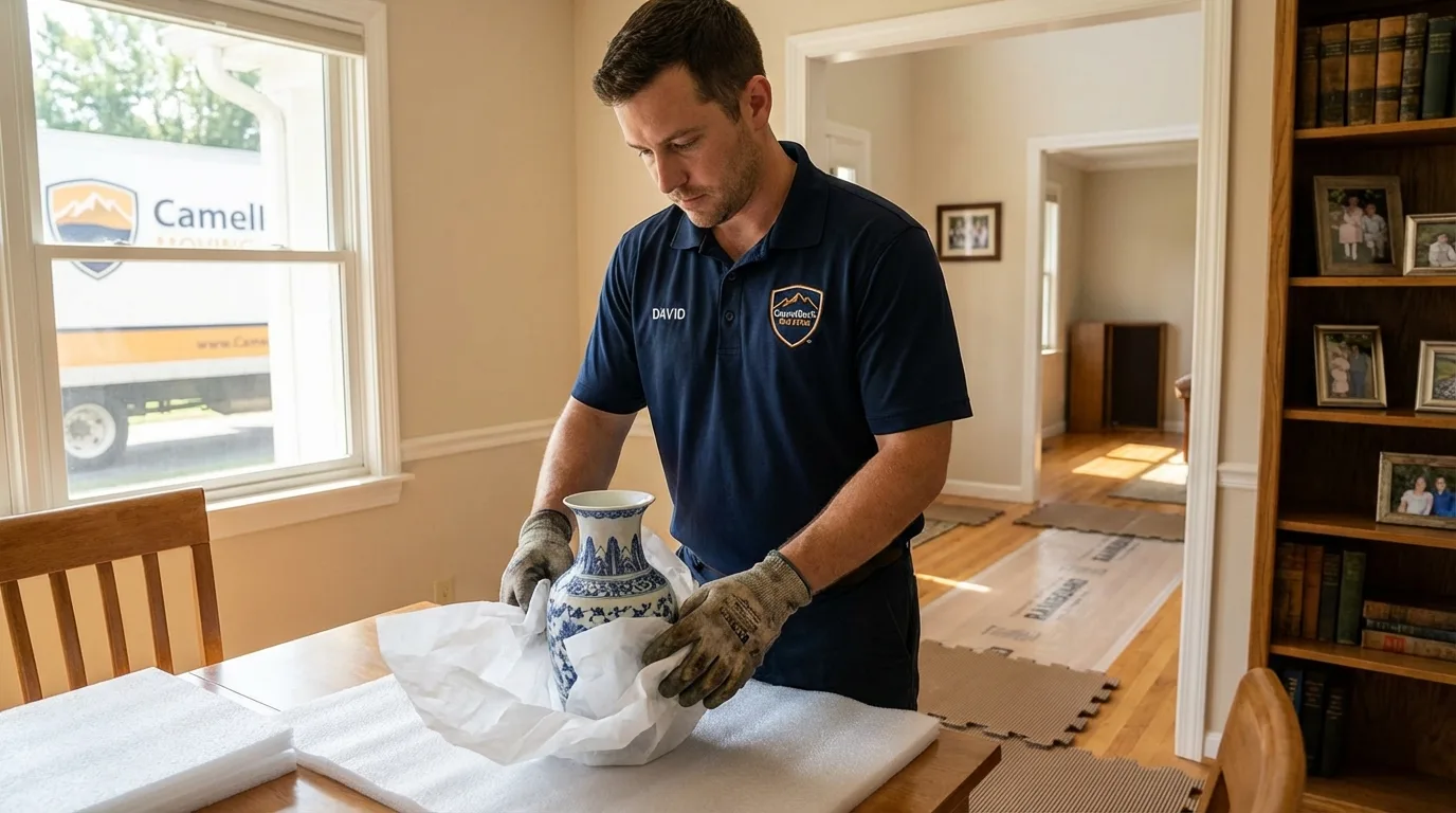 Professional crew carefully wrapping antique vase for senior downsizing move in Kissee Mills, MO